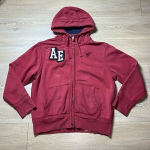 Vintage American Eagle embroidered zip up hoodie Sweater grunge Y2K Large Red